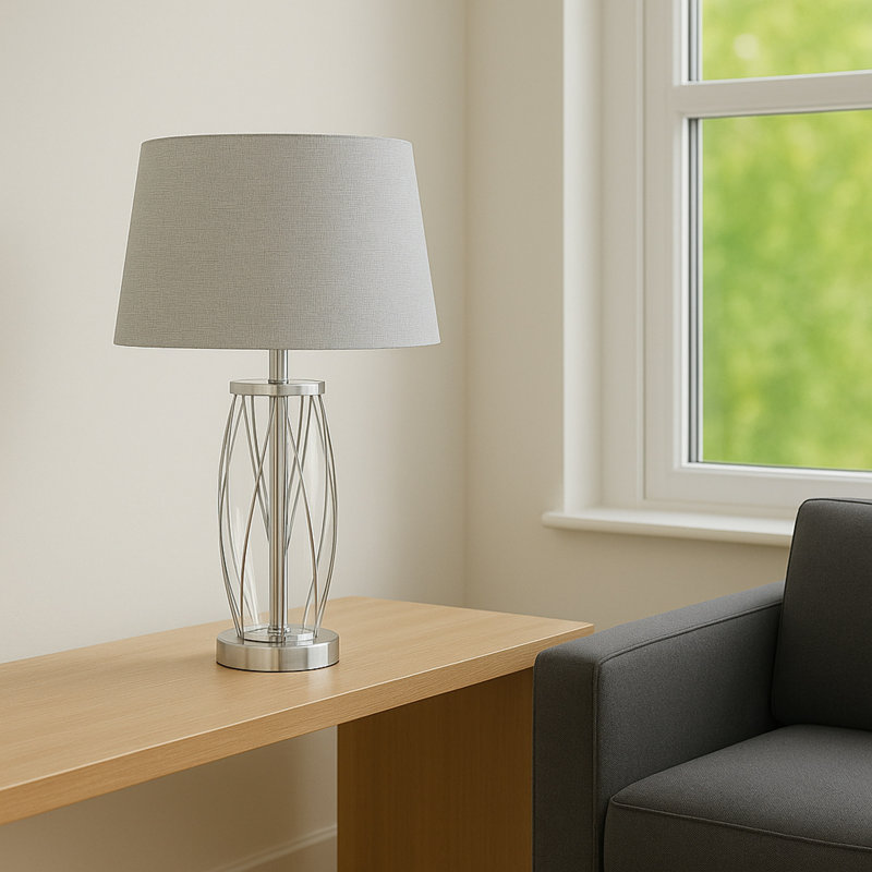 Alexarae 50cm Glass & Metal Table Lamp with linen shade, Grey, Silver