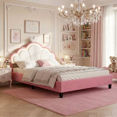 UK & EU Single & Double Upholstered Princess Bed With LED Crown Headboard, Pink Velvet