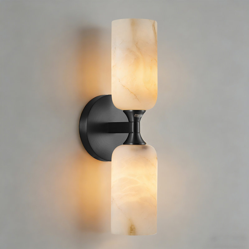 2 - Light Dimmable Modern Wall Sconces With Faux Alabaster Shades, Matte Black