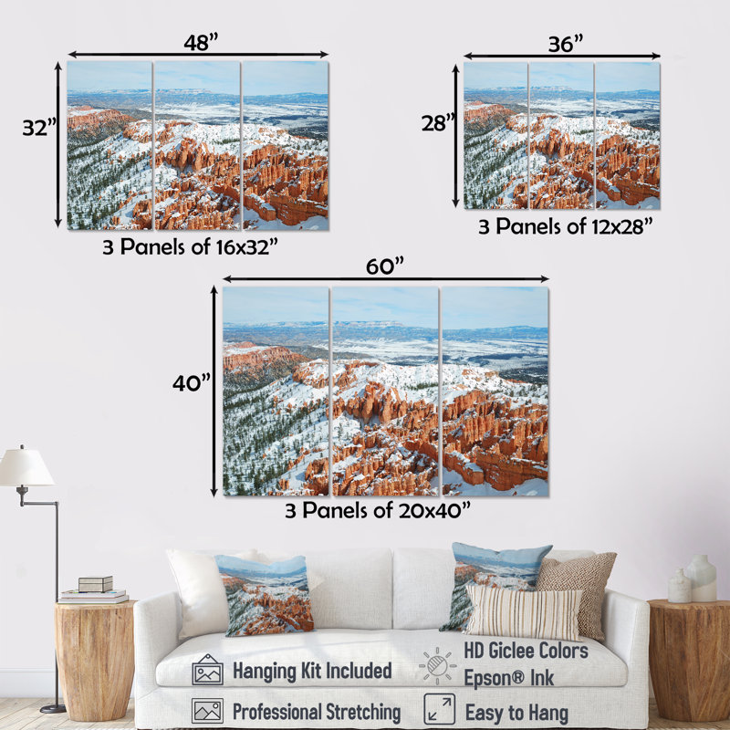 Bryce Canyon With Snow Winter - Canyon Canvas Wall Art Set, 28" H x 36" W x 1" D, Wrapped Canvas