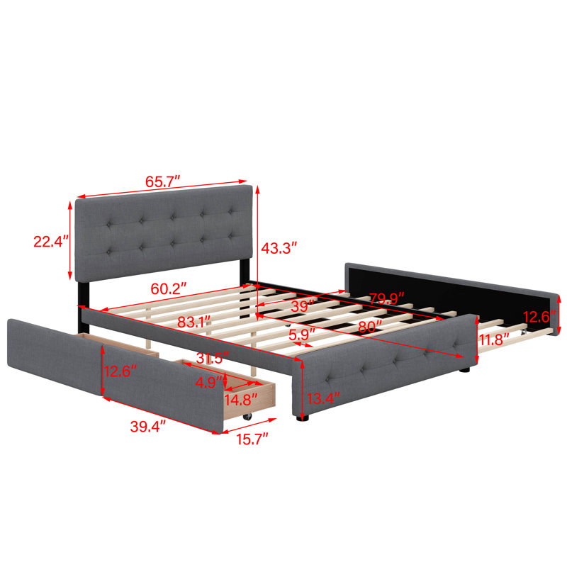 Grand lit plateforme tapissier avec tiroirs et lit gigogne, Gris foncé