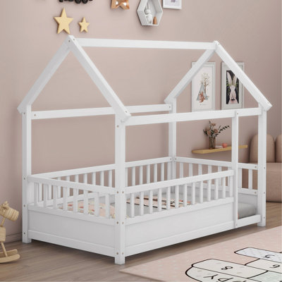 Floor Wooden Bed With House Roof Frame, Fence Guardrails