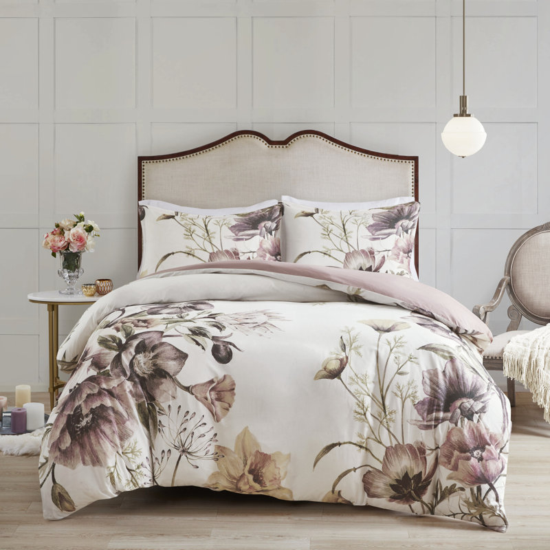 Housse de couette en coton à motif floral très doux, avec boutons et coin cravate 3 pièces, très grande chambre à coucher