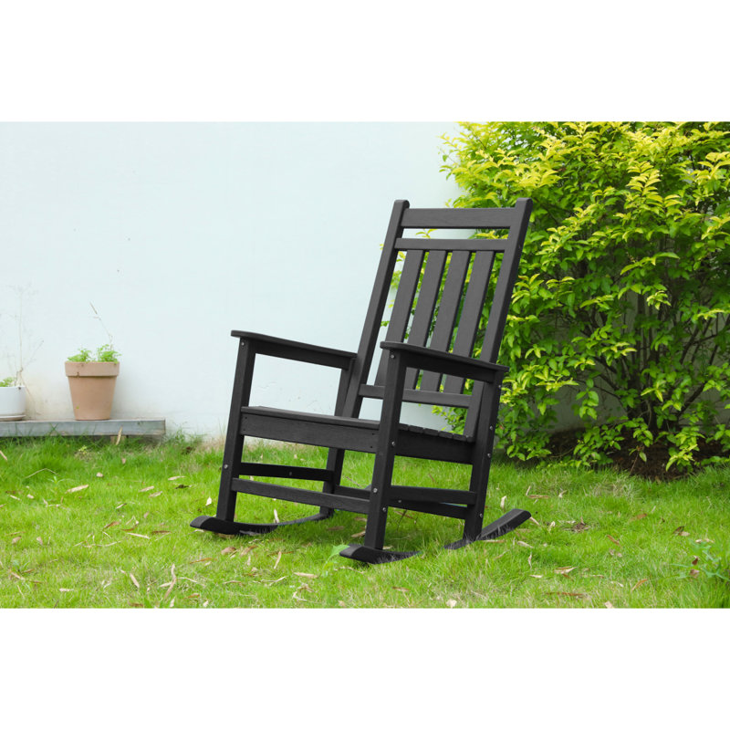 Oversized Rocking Chair With Wood-Texture, Outdoor Rocking Chair For Adults, All Weather Resistant Porch Rocker For Lawn Garden, Black