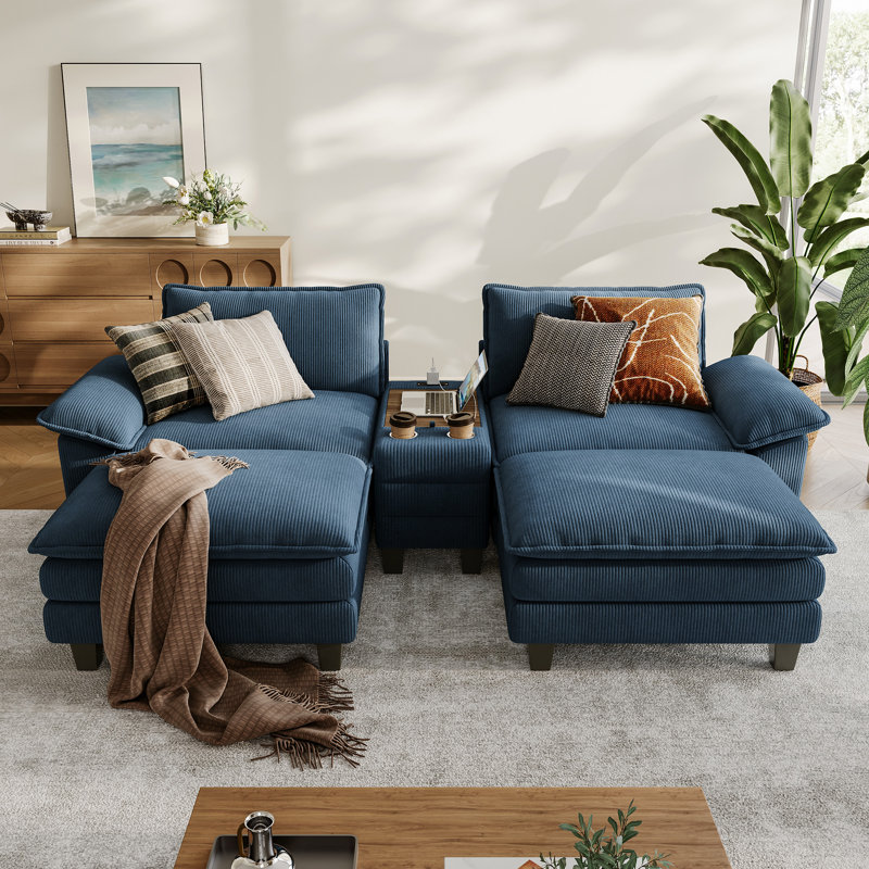  Colbey 105" Modular Cloud Sleeper Sofa with Console Table & Two Otomans, Elio Navy Corduroy