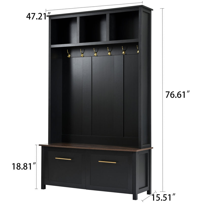 Modern Freestanding Tall Wooden Storage Hall Tree with Built-In Bench, Black