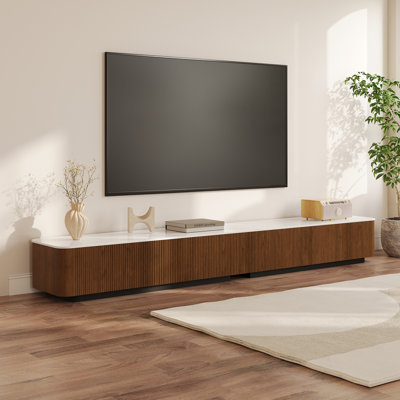 94.5" Brown Wood Patchwork Marble Countertop TV Storage Cabinet, 4 Drawers