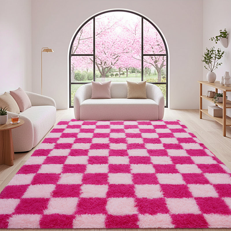 Plush Checkered Shag Area Rug - Soft Fluffy Hot Pink Grid Fleece Carpet for Living Room, Bedroom, Dry-Clean Only, High-Pile Shaggy Rug with Modern Checkerboard Pattern, Cozy Non-Slip Floor Decor for Contemporary Home Spaces