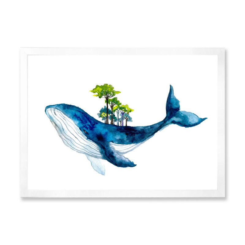 Baleine bleue sur fond blanc III - Peinture sur toile, Cadre photo blanc, H 34 po x l 44 po