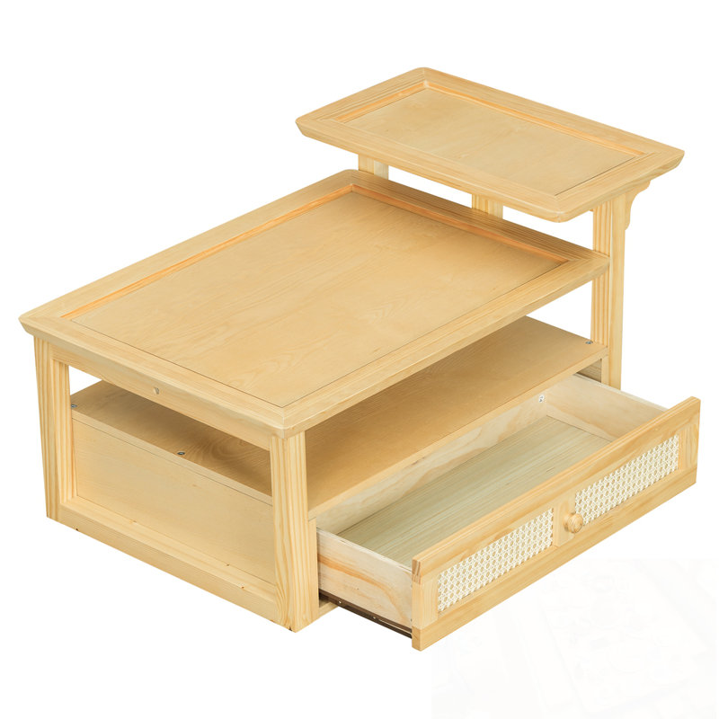 Table basse avec 1 tablette de rangement et 1 tiroir en rotin, Naturel