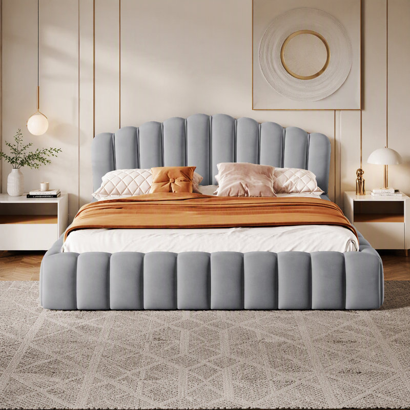 Tête de lit tapissier en velours pour lit double avec cadre de lit pour grand lit, sans sommier tapissier, bleu clair