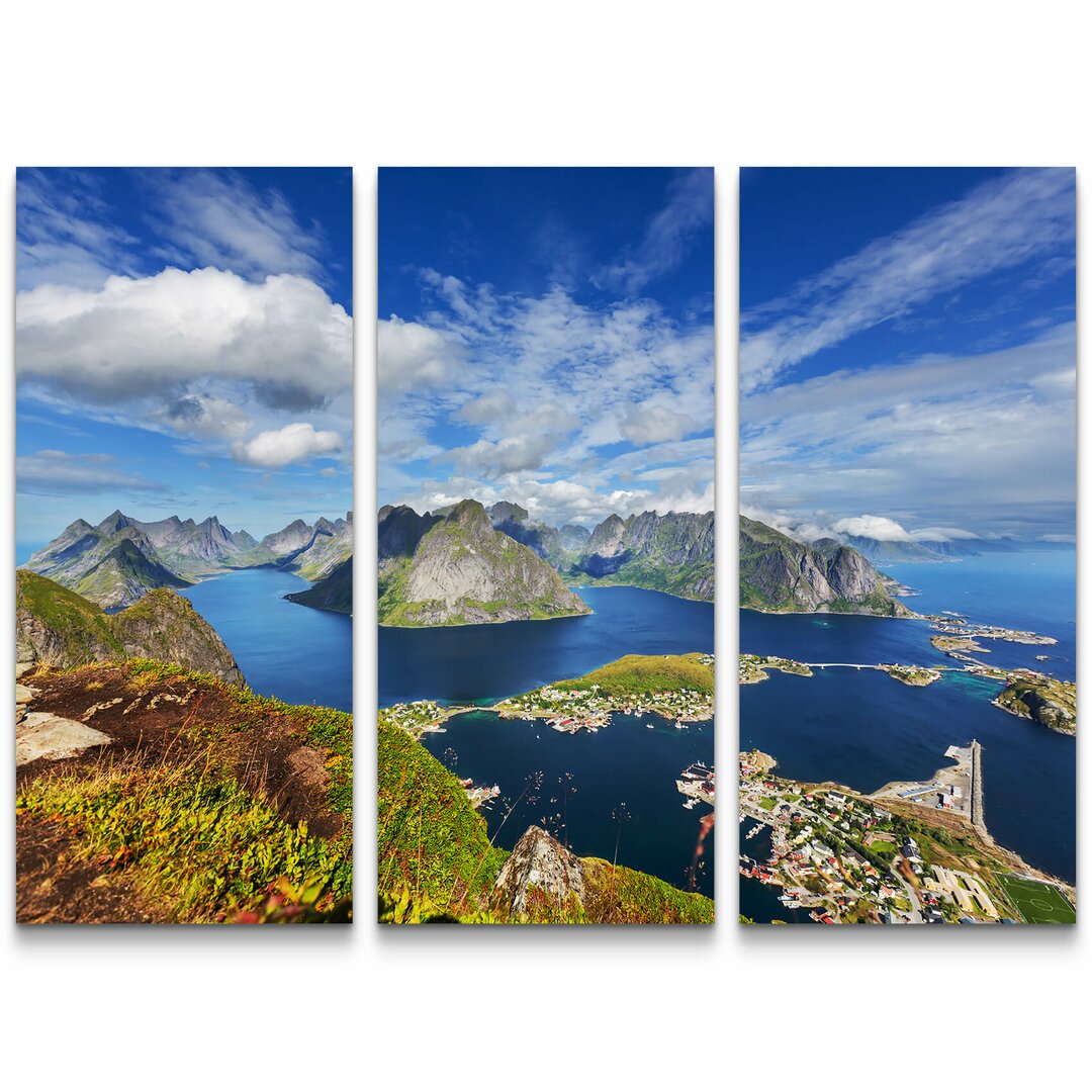 3-tlg. Leinwandbilder-Set Lofoten Insel in Norwegen bei blauen Himmel