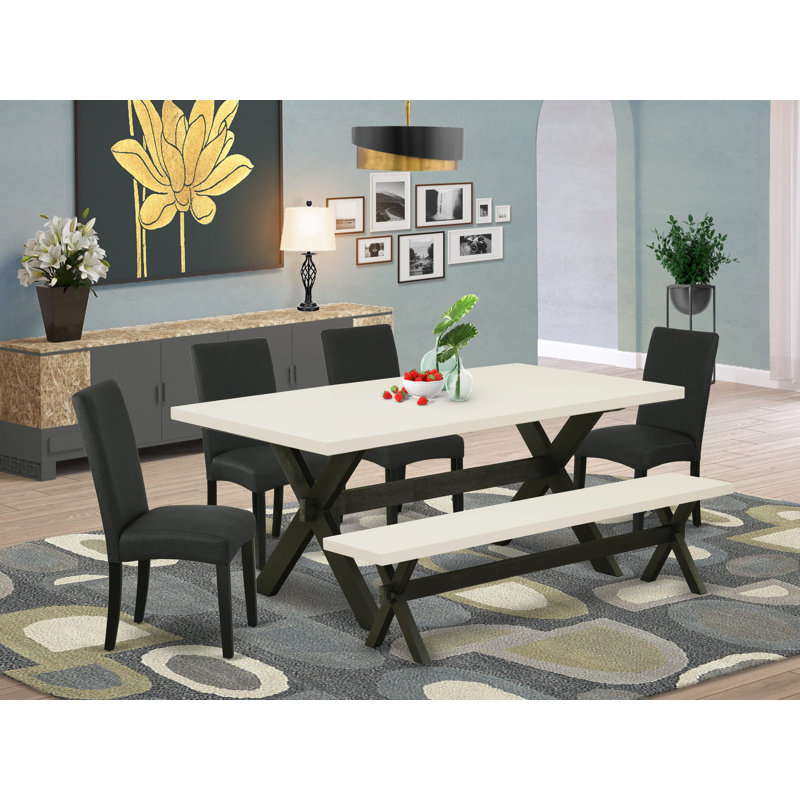 6 Piece Dining Table Set Contains a Rectangle Wooden Table with X-Legs and 4 Black Color Linen Fabric Parson Chairs with a Bench, Wire brushed Black