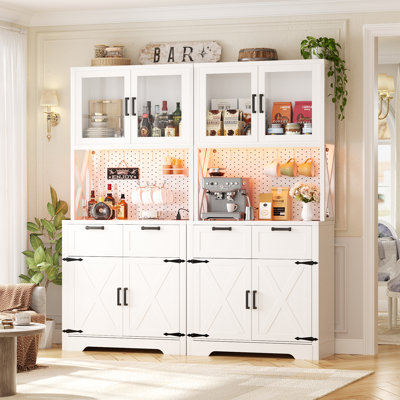 71" Pantry Cabinet With Outlet, Tall Kitchen Pantry Storage Cabinet With Microwave Stand Set Of Two