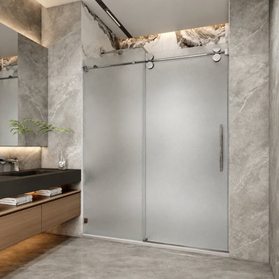 Porte de douche coulissante simple sans cadre l 68 po à 73 po x H 76 po Sola (ouverture à gauche) avec verre givré de 3/8 po (10 mm) certifié GSCC en chrome, SLS04-FR-7276-CH-L