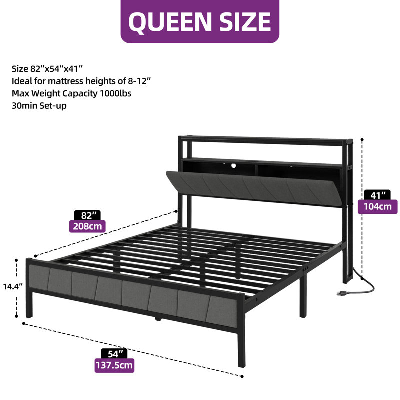 Storage Upholstered Platform Bed with LED Lighting Included and Built In USB Port, Full 