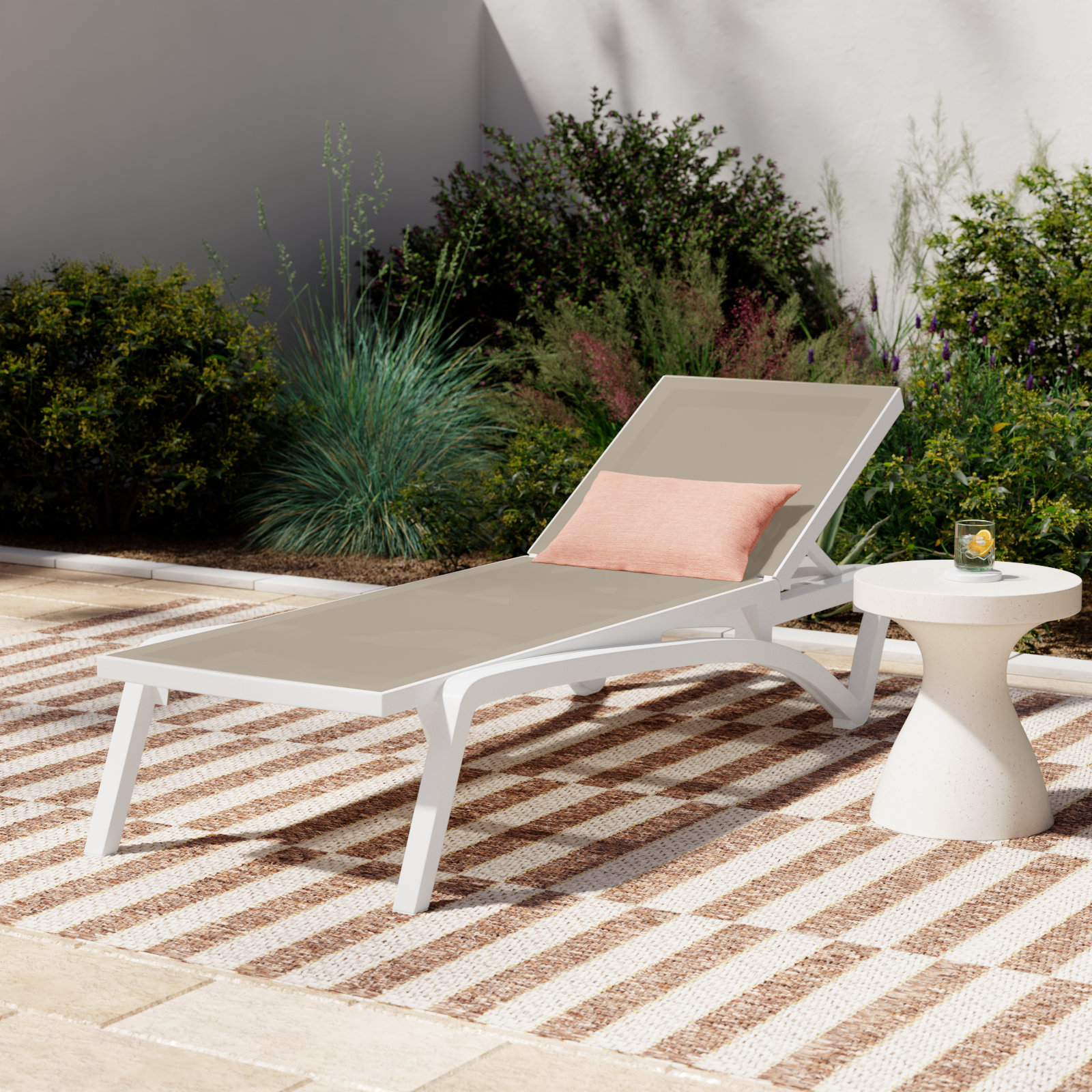Estes 27" Patio Chaise Lounge, White/Taupe