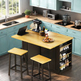 48-Inch Kitchen Island - Folding Kitchen Leaf + Electrical Outlet + 2 Bar Stools, 5-Wheel Rolling Kitchen Storage Cart With 5 Side Shelves