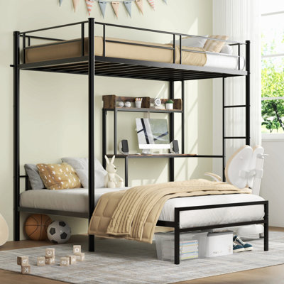 Bunk Bed Twin Over Twin Size With Desk And Charging Station L-Shaped Metal Bunk Bed With Storage Shelves And Bookcase Loft Beds With Safety Guardrail And Ladder For Teen