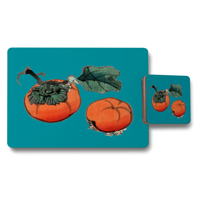 Persimmon Fruit Placemat Coaster Set Teal Background