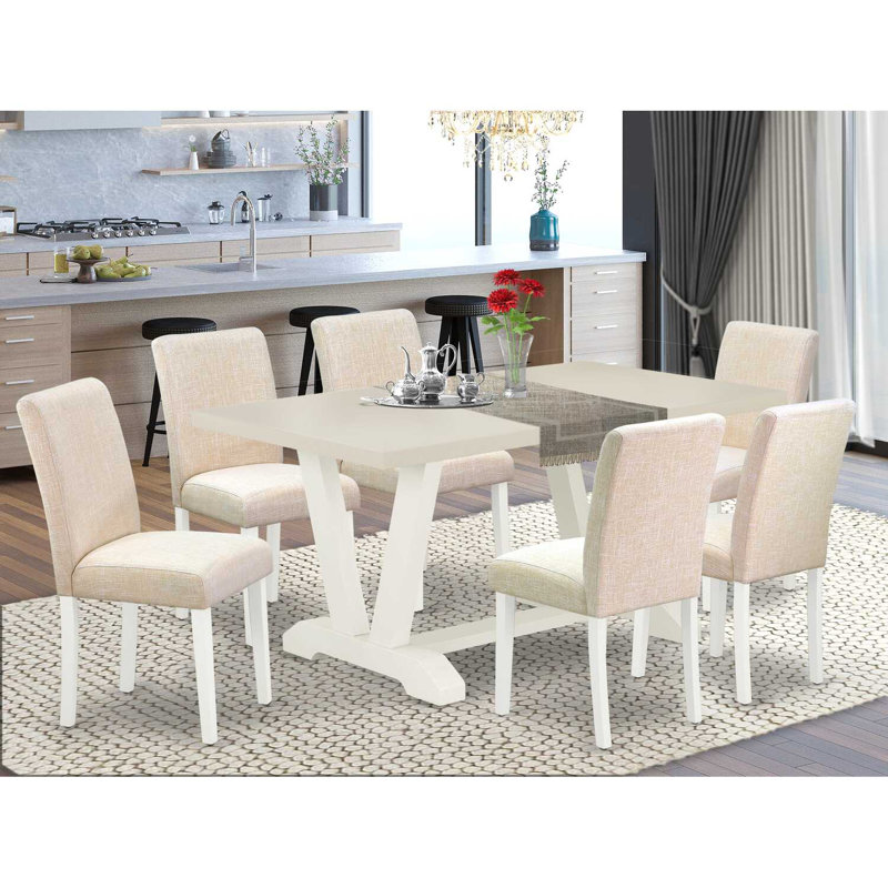 Table de salle à manger 7 pièces à plateau rectangulaire en bois massif avec 6 chaises Parson