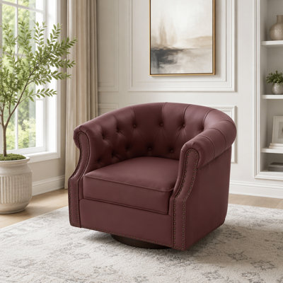 Fauteuil d'appoint pivotant à 360 ° en similicuir avec dossier courbé et base en bois cintré