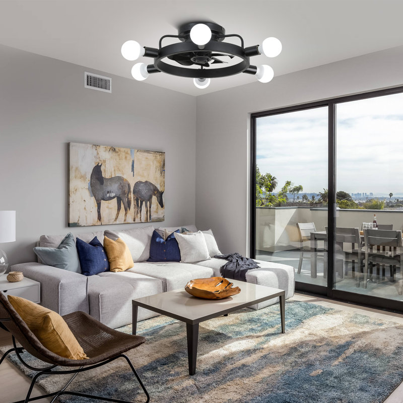 Ventilateur de plafond moderne noir mat à six lumières de 20 po Berwyck, moteur réversible à 3 vitesses et faible bruit