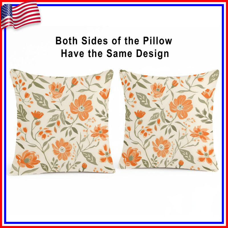 Orange Floral Pattern Double Sided Throw Pillows, 14 x 14 inches