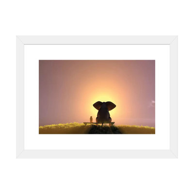 Reproduction d’art, "Elephant and Dog sit on a Bench and Watch a Foggy Sunrise" par Mike Kiev