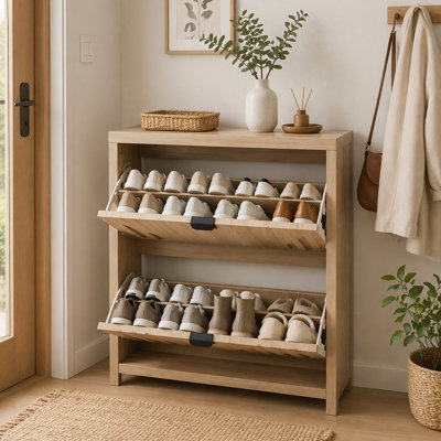 31.5-inch oak-colored shoe cabinet, entryway shoe cabinet with vertical carved panels, large-capacity flip-down storage cabinet, luxurious and sturdy wooden style dustproof shoe rack for home use.