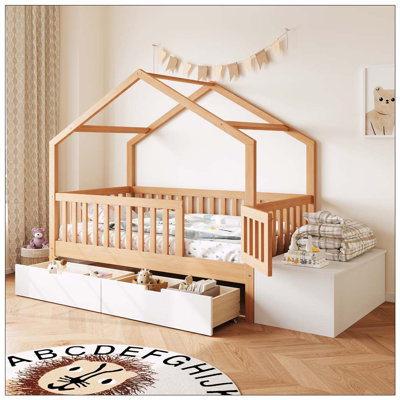Lit pour tout-petits avec tiroirs de rangement et commode à plateau relevable, lit en bois massif avec garde-corps