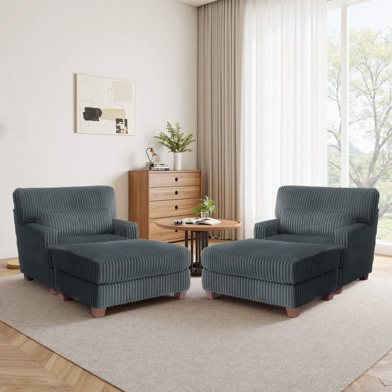Modern Chaise Lounge Chair With Movable Ottoman And Pillow(Set Of 2), Dark Grey