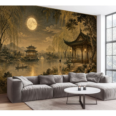 Wall Mural Peel and Stick Wallpaper Traditional Asian Landscape Pagodas Full Moon Sepia Tones Self-Adhesive Removable Contact Paper Wall Decor for Living Room Bedroom 100"H x 144"W