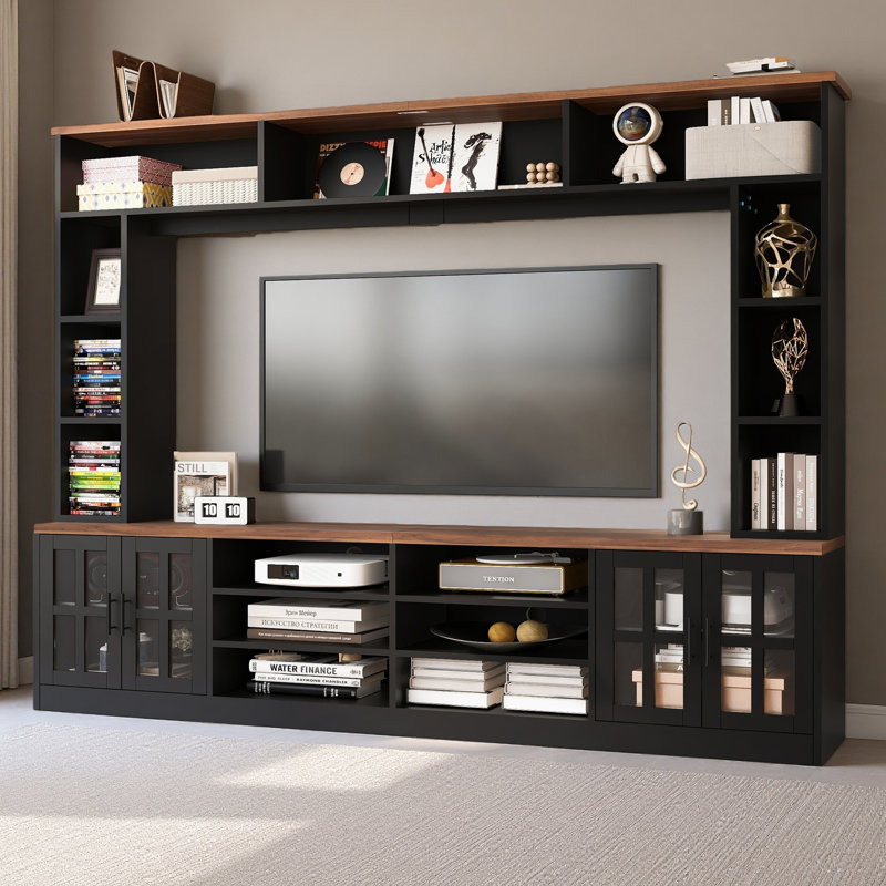 95.5" W Wall Unit Entertainment Center with Bookshelves for TVs up to 80", Modern TV Stand Media Console with Cabinets,  Tempered Glass Doors and Adjustable Shelves for Living Room