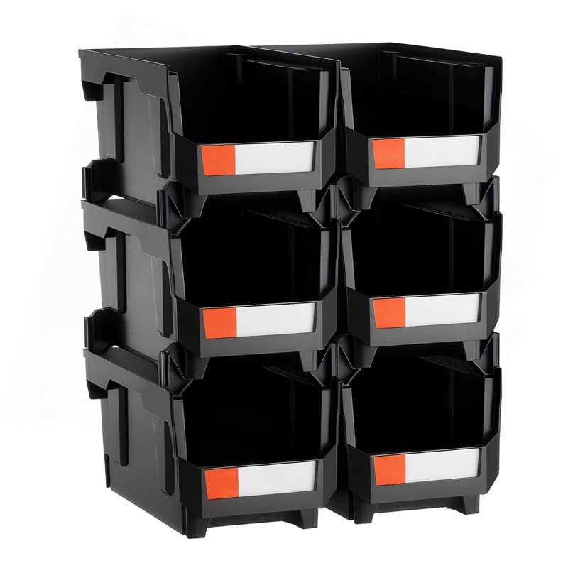 Bacs de rangement en plastique empilables, 14,8 x 8,5 x 7,1 pouces (paquet de 6), contenants en plastique pour organiser et bacs de rangement pour placard, garage, petites pièces, fournitures de bureau et autres accessoires, noir