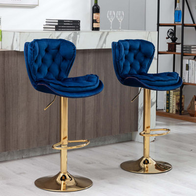 Set Of 2 Bar Stools,With Chrome Footrest And Base Swivel Height Adjustable Mechanical Lifting Velvet And Golden Leg Simple Bar Stool