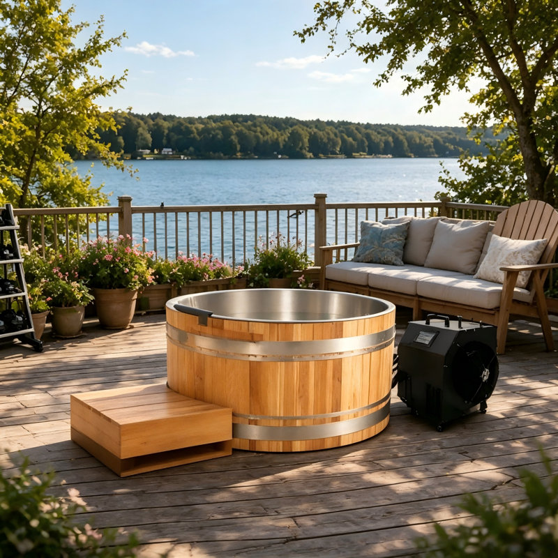 51.96" Red Cedar Cold Plunge Tub with Stainless Steel Liner, External Chiller & Wooden Step Stool for Recovery and Wellness