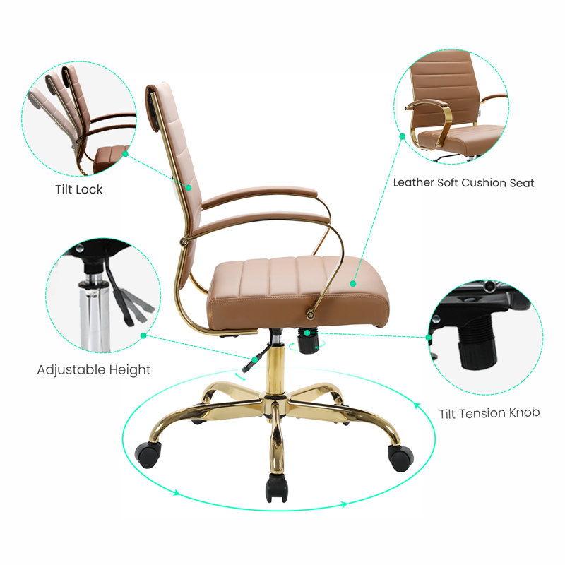 Mid-Century Swivel Office Chair in Brown Faux Leather and Gold Metal