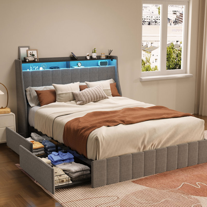 Cadre de lit grand format avec DEL, 4 contenants de rangement sous le comptoir, ambiance en métal gris