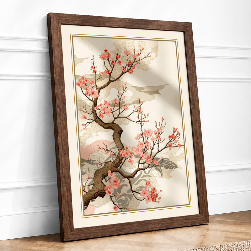 Cherry Blossom Branch Japandi - Framed Print, A2 - 59.4 x 42.0 cm, Walnut