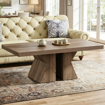 Rectangular Coffee Table, 47-Inch Farmhouse Wood Center Table with Thick Base for Living Room, Rustic Brown