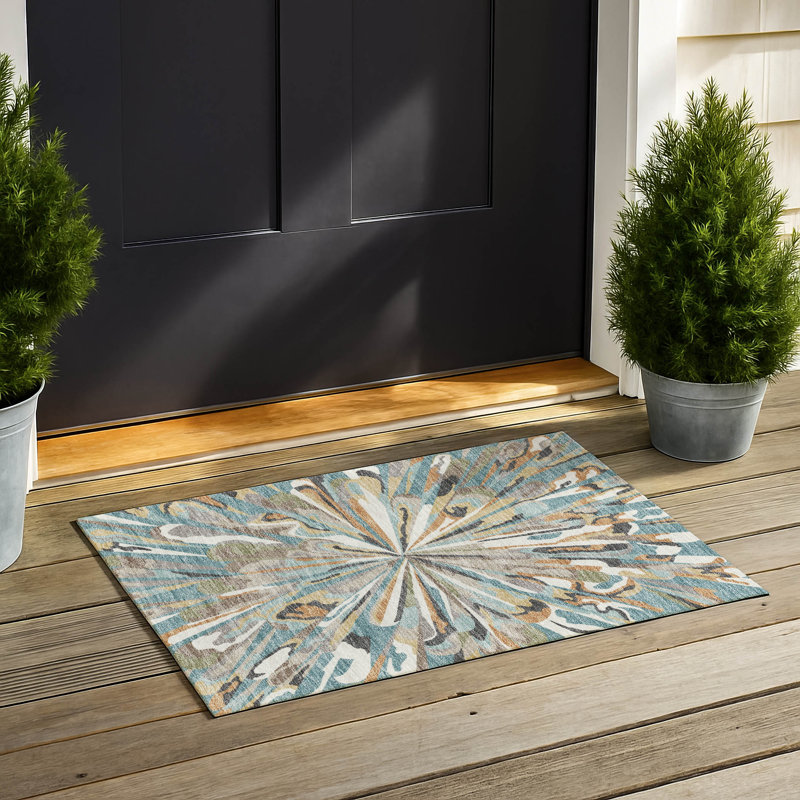 Tapis abstrait lavable à la machine intérieur / extérieur ACN2838, Sarcelle, 1 pi 8 po x 2 pi 6 po