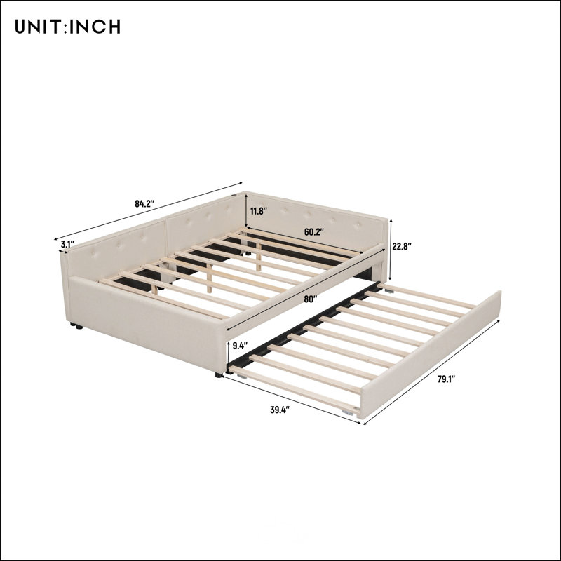 Mitsuko Upholstered Platform Bed with USB and Twin Size Trundle, Queen