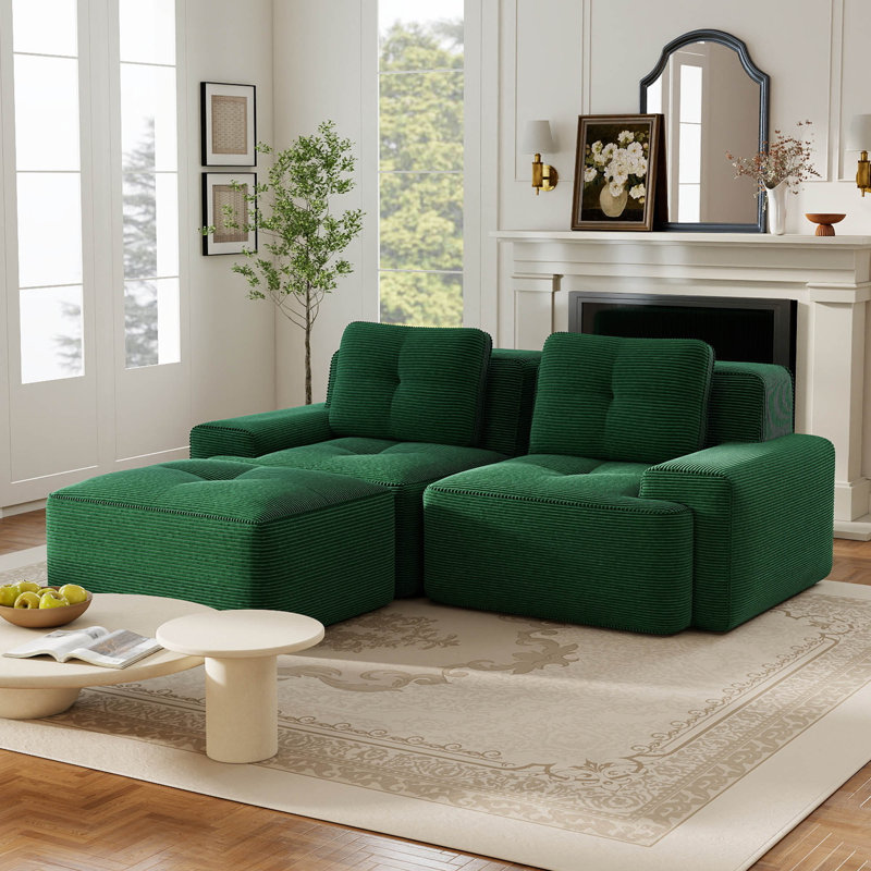 Canapé modulaire en velours côtelé de 80 po avec repose-pieds mobile, Green Corduroy, 80.3" W x 27.1"H x 69.7"D