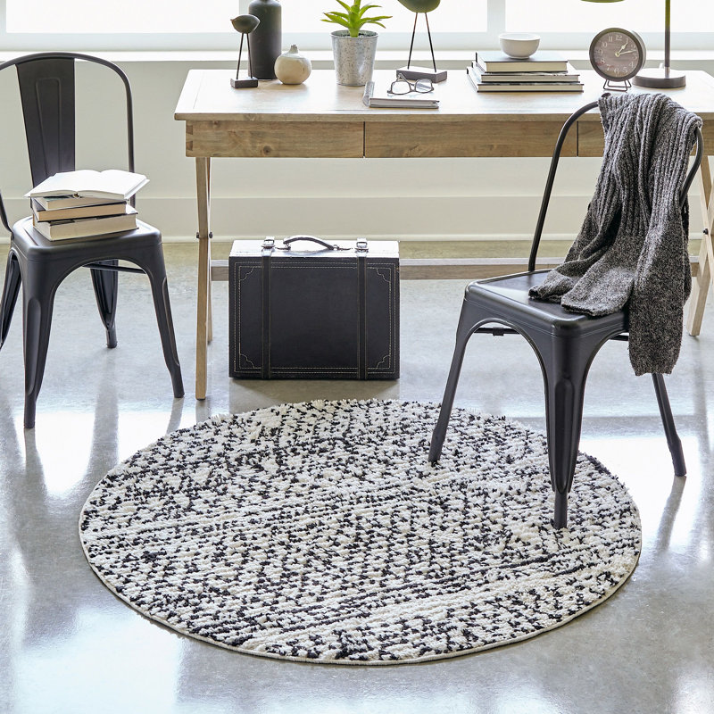 Tapis à motif abstrait noir et beige Victorville, Rond 4 pi