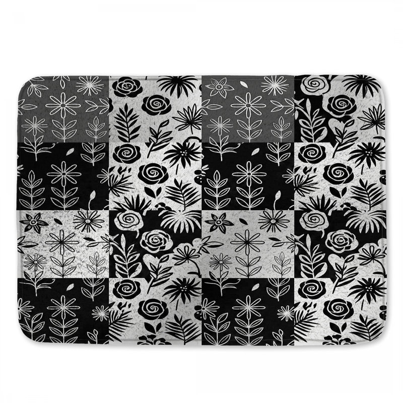 Tapis de bain noir et blanc à motif floral, L 34 po x L 21 po