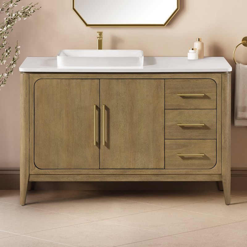 OVE Decors Meuble-lavabo sur pied en chêne brun clair avec comptoir en quartz blanc