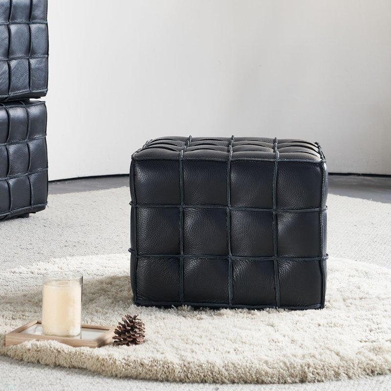 Repose-pieds capitonné en cuir véritable de 17,32 po de largeur et repose-pieds pour le salon et la chambre à coucher, Noir