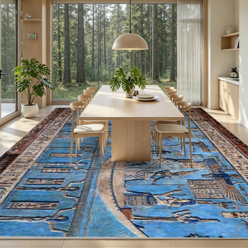 Blue Interior Walls Ancient Egyptian Egypt Wall Art Nile History Machine Washable Indoor Area Rug, Rectangle 79" x 118"