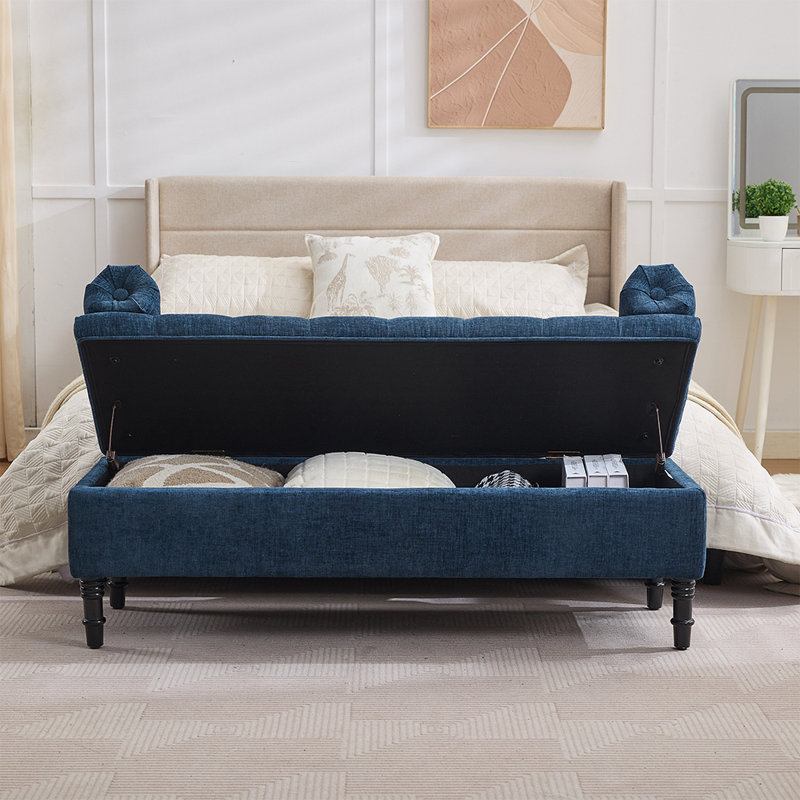 Linen Upholstered Storage Bench, Blue